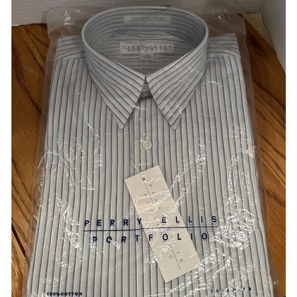 Perry Ellis Portfolio Button Up Blue White Striped 100% Cotton 15 32/33 - Picture 1 of 5